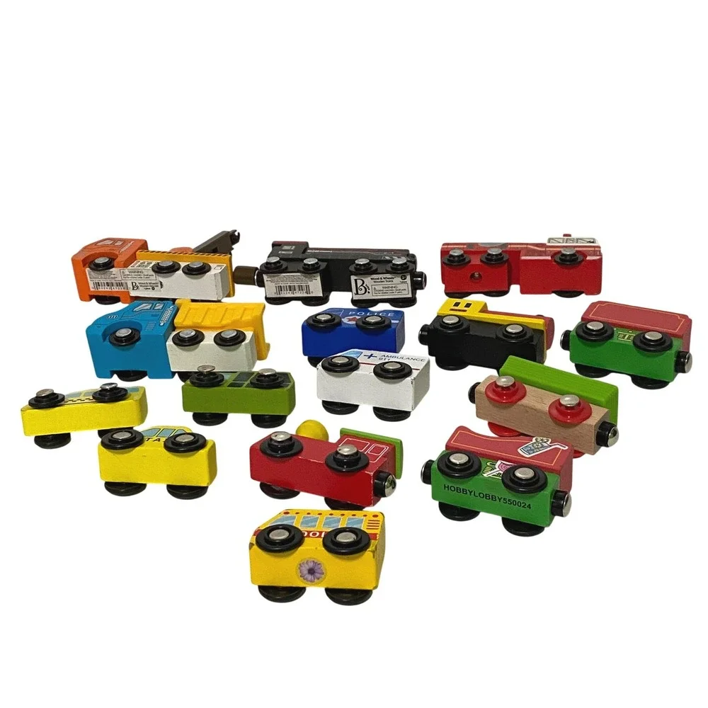 Wood Magnetic Wheels Mixed Lot Train Cars Trucks Vehicles 15 Piece Set Playtime